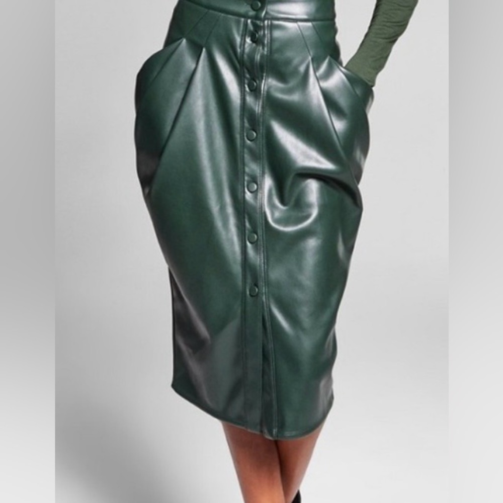 Jeannie Mai, INC Concepts Dark Green Faux Leather Pencil Skirt